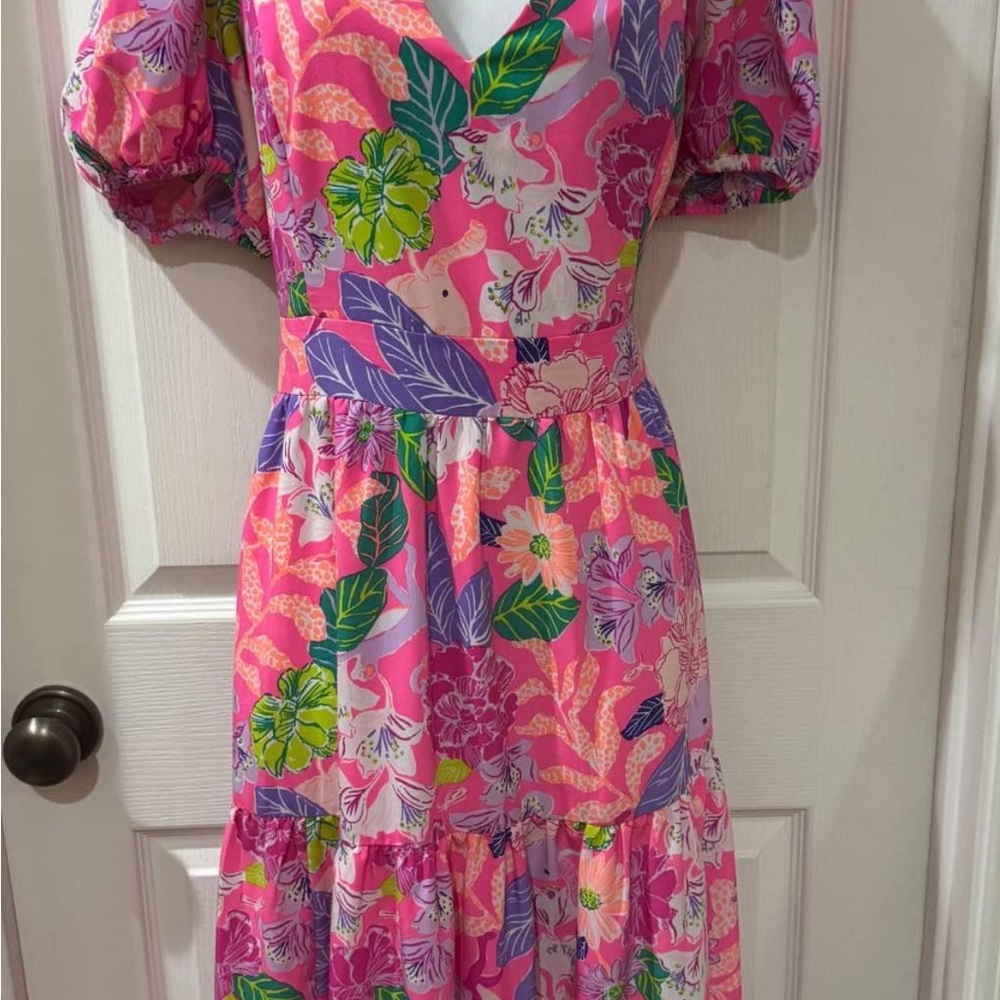 Lilly Pulitzer Pink and Green Puff Sleeve Midi Sundress